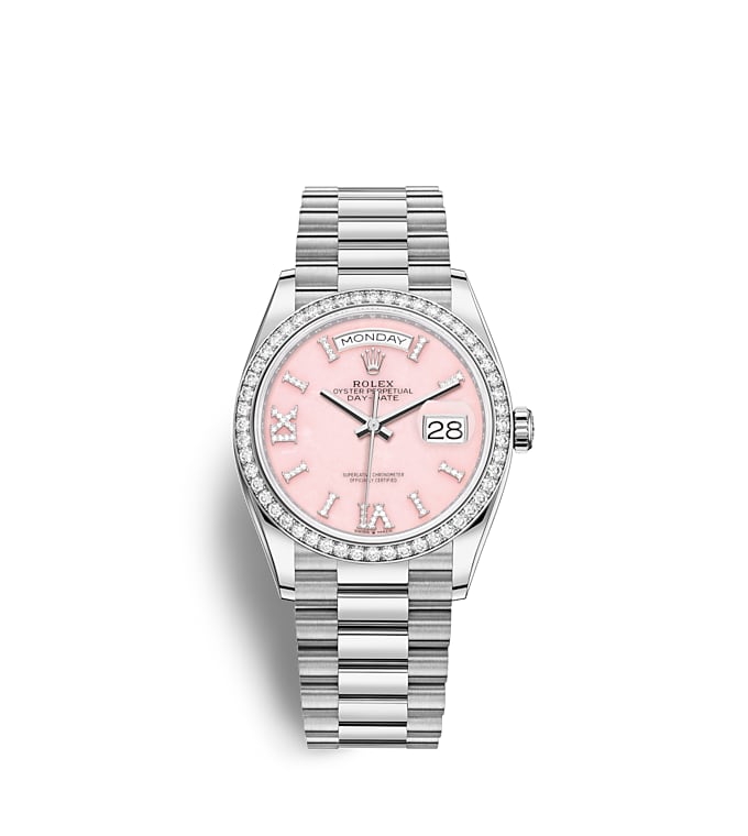 Rolex Day-Date | 128349RBR | Day-Date 36 | Coloured dial | Pink opal dial | Diamond-Set Bezel | 18 ct white gold | m128349rbr-0008 | Women Watch | Rolex Official Retailer - Time Midas