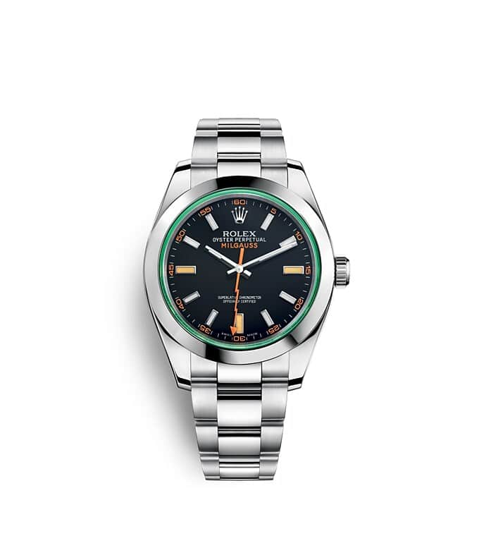Rolex Milgauss | 116400GV | Milgauss | หน้าปัดสีเข้ม | แซฟไฟร์คริสตัลสีเขียว | หน้าปัดสีดำและกระจกแซฟไฟร์สีเขียว | Oystersteel | m116400gv-0001 | ชาย Watch | Rolex Official Retailer - Time Midas