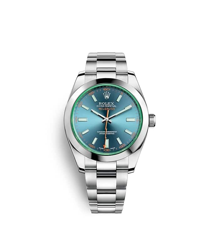 Rolex Milgauss | 116400GV | Milgauss | หน้าปัดสี | แซฟไฟร์คริสตัลสีเขียว | หน้าปัด Z-Blue | Oystersteel | m116400gv-0002 | ชาย Watch | Rolex Official Retailer - Time Midas