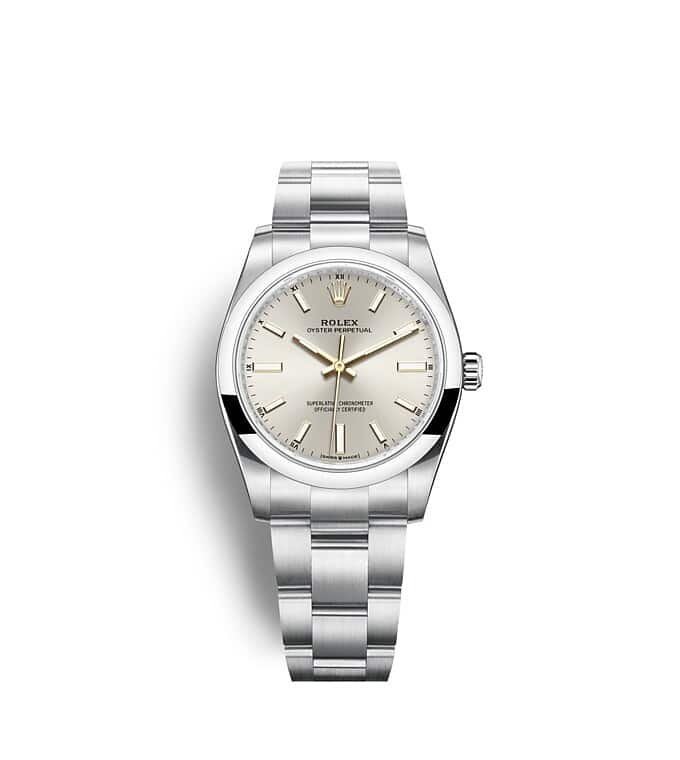 Rolex Oyster Perpetual | 124200 | Oyster Perpetual 34 | Light dial | Silver dial | Oystersteel | The Oyster bracelet | m124200-0001 | Women Watch | Rolex Official Retailer - Time Midas