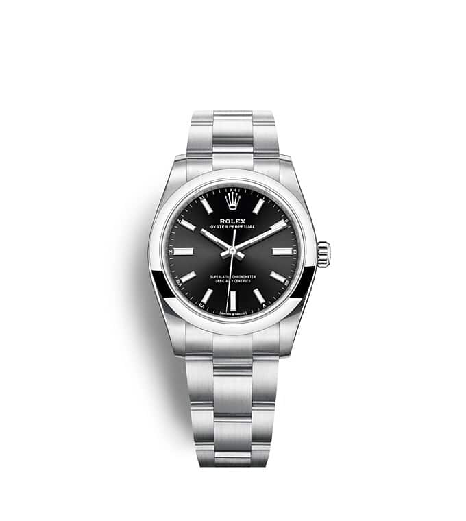 Rolex Oyster Perpetual | 124200 | Oyster Perpetual 34 | หน้าปัดสีเข้ม | หน้าปัดสีดำสว่าง | Oystersteel | สายนาฬิกา Oyster | m124200-0002 | หญิง Watch | Rolex Official Retailer - Time Midas