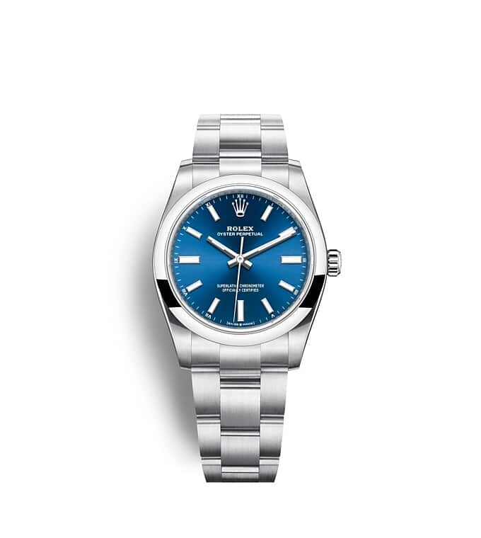Rolex Oyster Perpetual | 124200 | Oyster Perpetual 34 | Coloured dial | Bright blue dial | Oystersteel | The Oyster bracelet | m124200-0003 | Women Watch | Rolex Official Retailer - Time Midas
