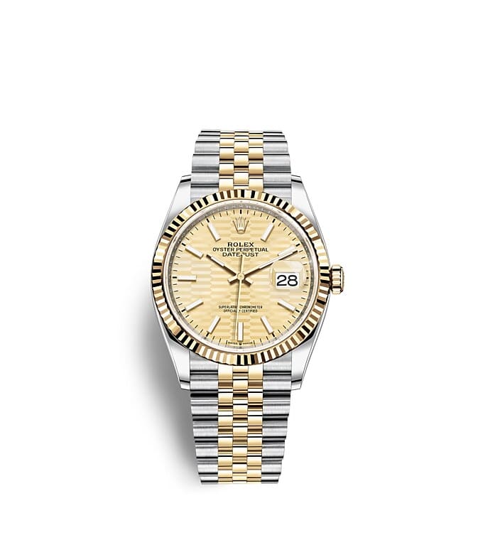 นาฬิกา Rolex Datejust - 36 มม., ทองคำ หน้าปัดสีทอง ขอบหน้าปัดแบบเซาะร่อง