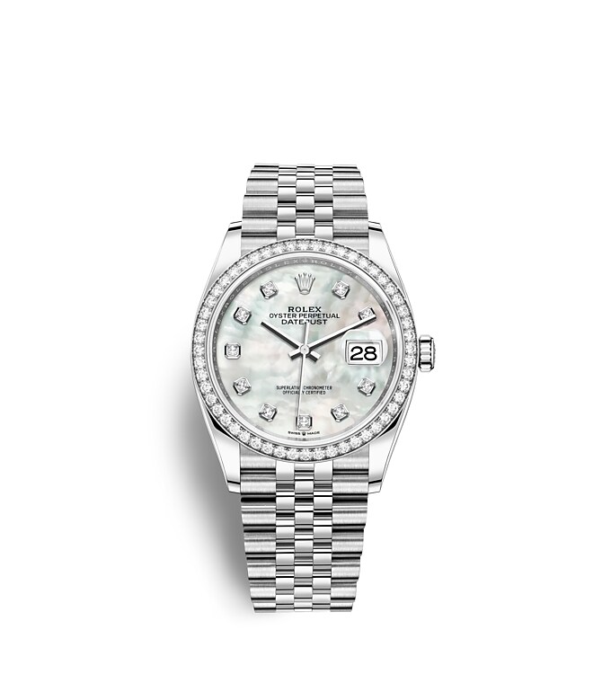 Rolex Datejust | 126284RBR | Datejust 36 | หน้าปัดประดับอัญมณี | หน้าปัดไข่มุก | ขอบหน้าปัดประดับเพชร | White Rolesor | m126284rbr-0011 | หญิง Watch | Rolex Official Retailer - Time Midas