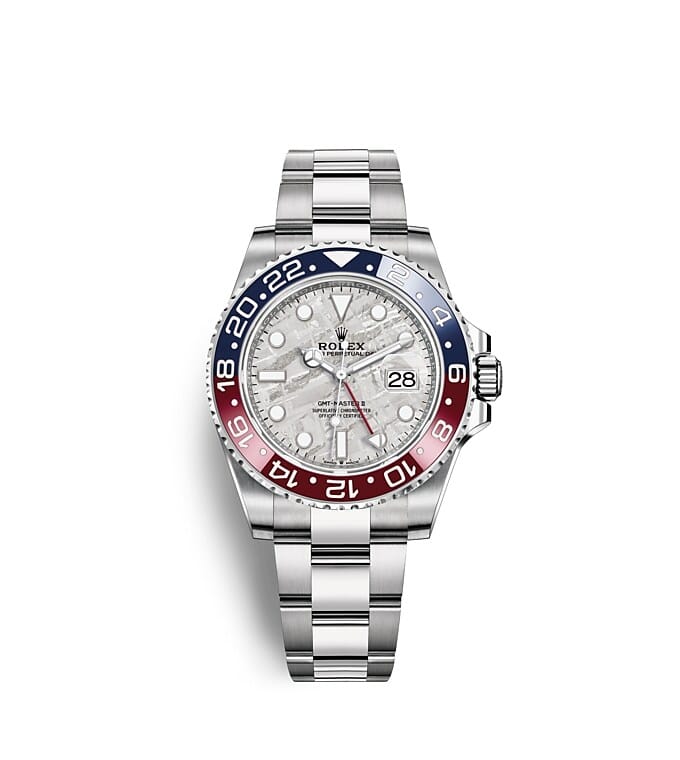 นาฬิกา Rolex GMT-Master II - 40 มม., ทองคำขาว หน้าปัดเมธีโอไรท์ ขอบหน้าปัดแสดงเวลา 24 ชั่วโมงแบบหมุนได้