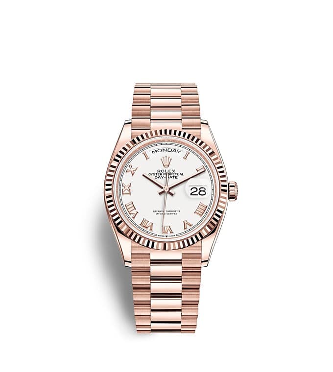 Rolex Day-Date | 128235 | Day-Date 36 | Light dial | The Fluted Bezel | White dial | 18 ct Everose gold | m128235-0052 | Men Watch | Rolex Official Retailer - Time Midas