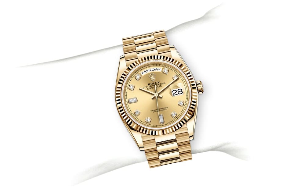 Rolex Day-Date | 128238 | Day-Date 36 | Coloured dial | Champagne-colour dial | The Fluted Bezel | 18 ct yellow gold | m128238-0008 | Men Watch | Rolex Official Retailer - Time Midas