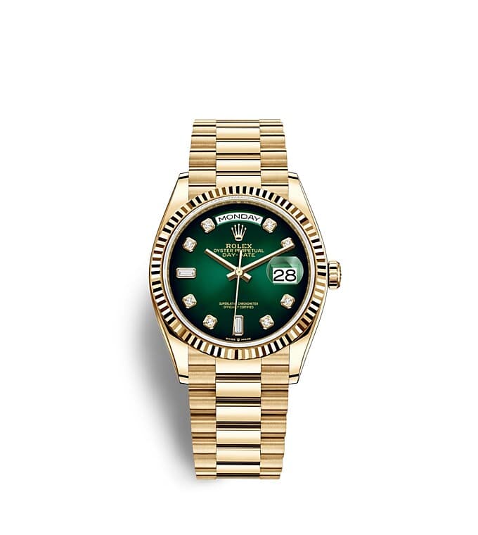 Rolex Day-Date | 128238 | Day-Date 36 | หน้าปัดประดับอัญมณี | หน้าปัดสีเขียวออมเบร | ขอบหน้าปัดแบบเซาะร่อง | ทองคำ 18 กะรัต | m128238-0069 | ชาย Watch | Rolex Official Retailer - Time Midas