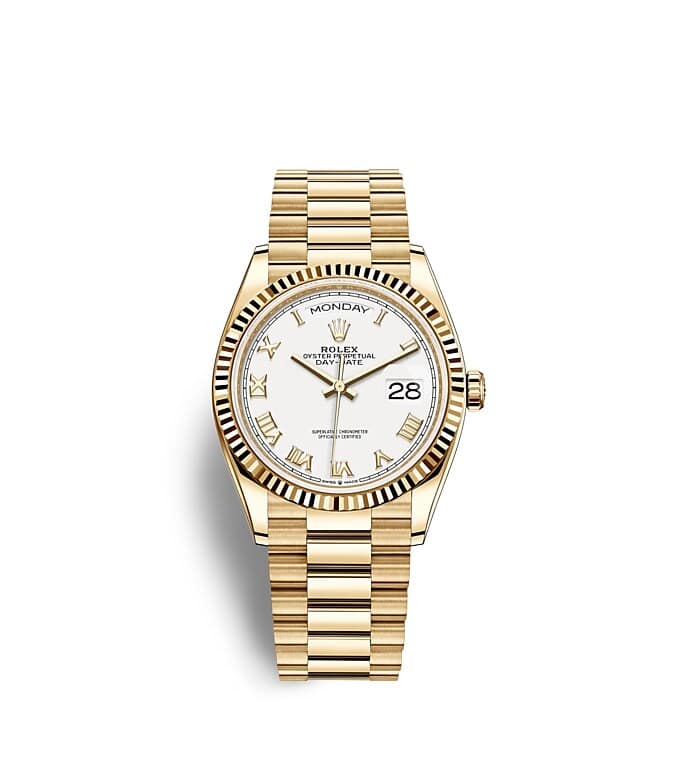 Rolex Day-Date | 128238 | Day-Date 36 | Light dial | The Fluted Bezel | White dial | 18 ct yellow gold | m128238-0076 | Men Watch | Rolex Official Retailer - Time Midas