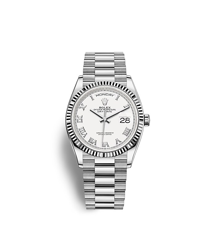 Rolex Day-Date | 128239 | Day-Date 36 | Light dial | The Fluted Bezel | White dial | 18 ct white gold | m128239-0038 | Men Watch | Rolex Official Retailer - Time Midas