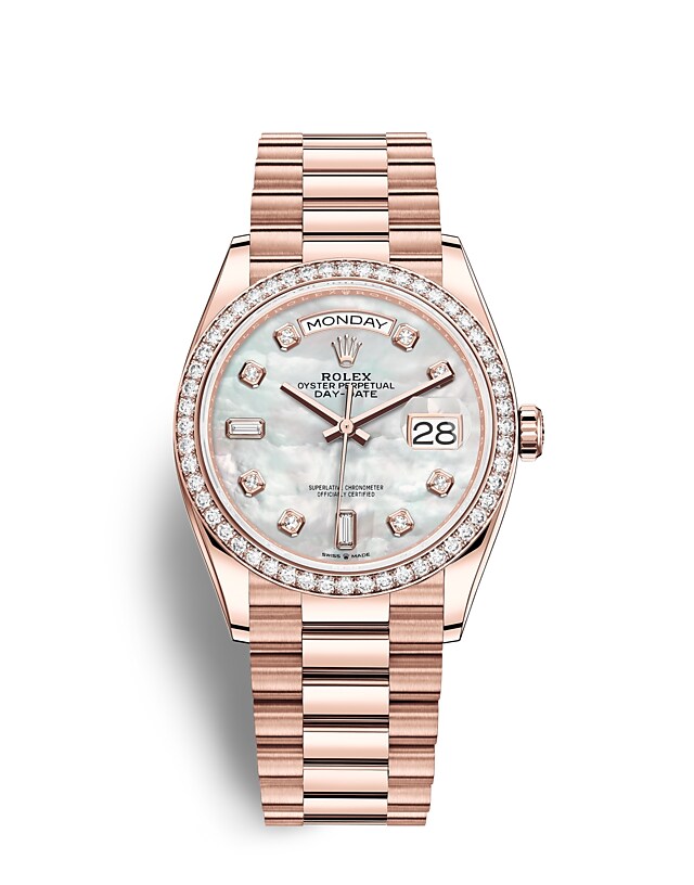 Rolex Day-Date | 128345RBR | Day-Date 36 | Gem-set dial | Mother-of-Pearl Dial | Diamond-Set Bezel | 18 ct Everose gold | m128345rbr-0028 | Women Watch | Rolex Official Retailer - Time Midas