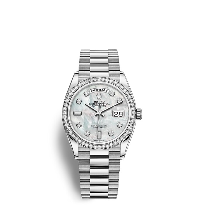 Rolex Day-Date | 128349RBR | Day-Date 36 | Gem-set dial | Mother-of-Pearl Dial | Diamond-Set Bezel | 18 ct white gold | m128349rbr-0004 | Women Watch | Rolex Official Retailer - Time Midas