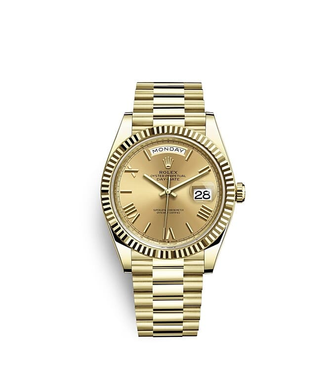 Rolex Day-Date | 228238 | Day-Date 40 | Coloured dial | Champagne-colour dial | The Fluted Bezel | 18 ct yellow gold | m228238-0006 | Men Watch | Rolex Official Retailer - Time Midas