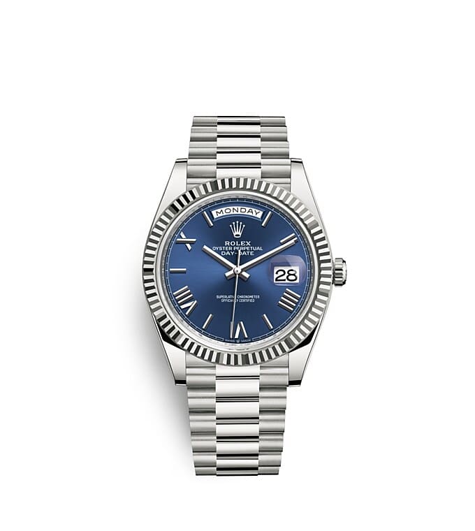 Rolex Day-Date | 228239 | Day-Date 40 | หน้าปัดสี | หน้าปัดสีน้ำเงินสว่าง | ขอบหน้าปัดแบบเซาะร่อง | ทองคำขาว 18 กะรัต | m228239-0007 | ชาย Watch | Rolex Official Retailer - Time Midas