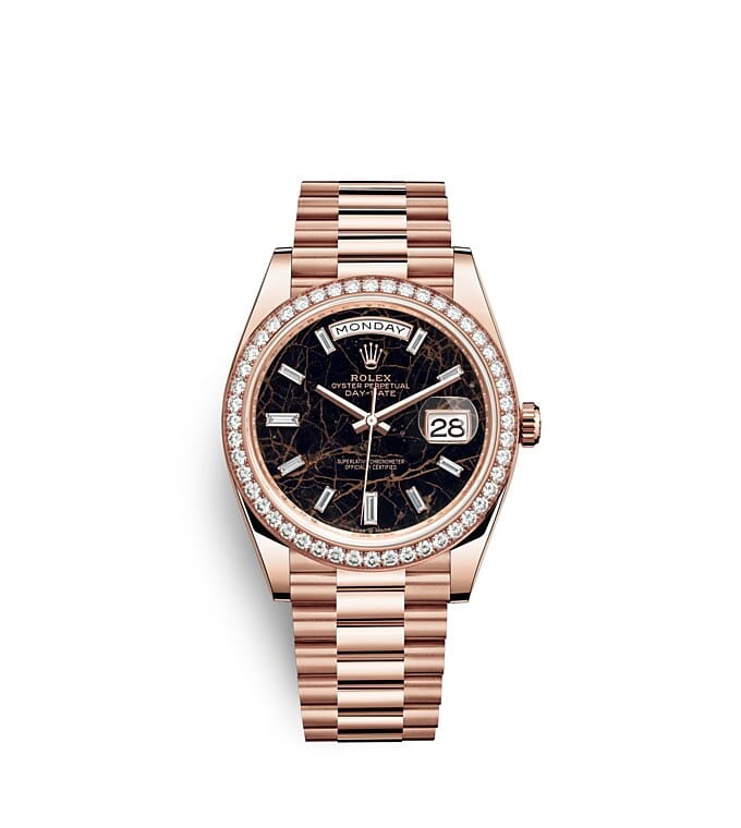 Rolex Day-Date | 228345RBR | Day-Date 40 | หน้าปัดประดับอัญมณี | หน้าปัด Eisenkiesel | ขอบหน้าปัดประดับเพชร | เอเวอร์โรสโกลด์ 18 กะรัต | m228345rbr-0016 | ชาย Watch | Rolex Official Retailer - Time Midas