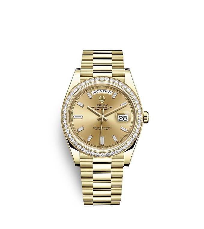 Rolex Day-Date | 228348RBR | Day-Date 40 | หน้าปัดประดับอัญมณี | หน้าปัดสีแชมเปญ | ขอบหน้าปัดประดับเพชร | ทองคำ 18 กะรัต | m228348rbr-0002 | ชาย Watch | Rolex Official Retailer - Time Midas