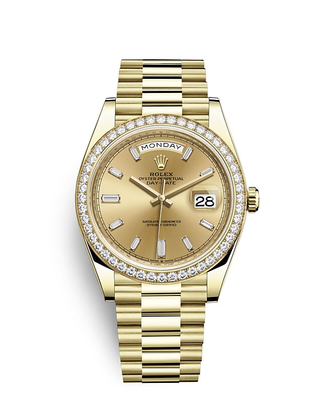 Rolex Day-Date | 228348RBR | Day-Date 40 | Coloured dial | Champagne-colour dial | Diamond-Set Bezel | 18 ct yellow gold | m228348rbr-0002 | Men Watch | Rolex Official Retailer - Time Midas
