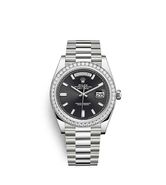 นาฬิกา Rolex Day Date - 40 มม., ทองคำขาวและเพชร หน้าปัดสีดำสว่าง ขอบหน้าปัดประดับเพชร
