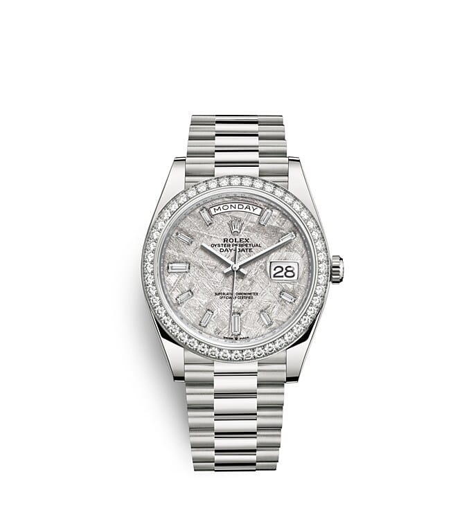 นาฬิกา Rolex Day Date - 40 มม., ทองคำขาวและเพชร หน้าปัดเมธีโอไรท์ | 228349RBR
