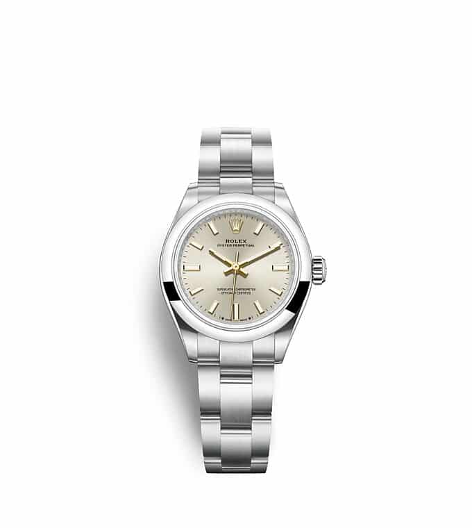 นาฬิกา Rolex Oyster Perpetual - 28 มม., หน้าปัดสีเงิน ตัวเรือนตรงกลาง Monobloc, ด้านหลังตัวเรือนและเม็ดมะยมที่ยึดด้วยสกรู