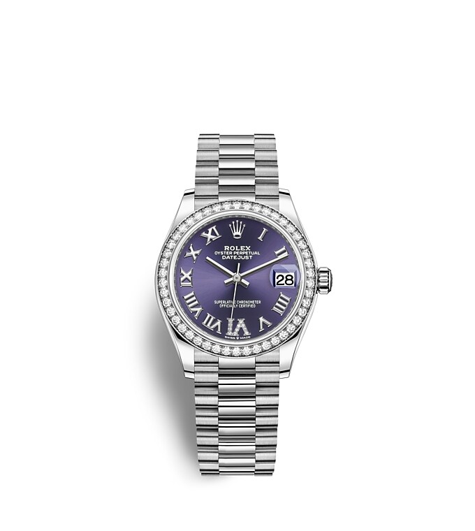 Rolex Datejust | 278289RBR | Datejust 31 | หน้าปัดประดับอัญมณี | หน้าปัดสีม่วงเข้ม | ขอบหน้าปัดประดับเพชร | ทองคำขาว 18 กะรัต | m278289rbr-0019 | หญิง Watch | Rolex Official Retailer - Time Midas