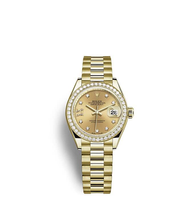 Rolex Lady-Datejust | 279138RBR | Lady-Datejust | Coloured dial | Champagne-colour dial | Diamond-Set Bezel | 18 ct yellow gold | m279138rbr-0006 | Women Watch | Rolex Official Retailer - Time Midas