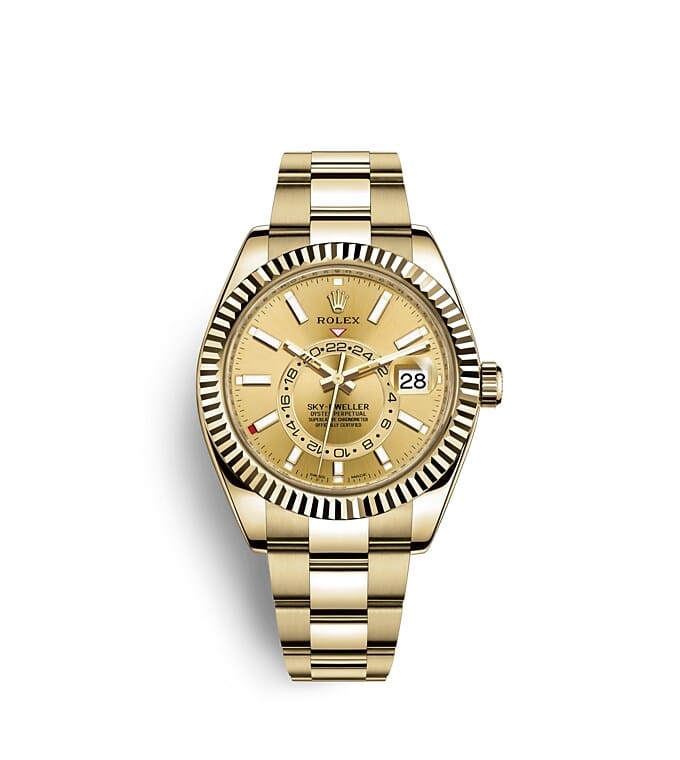 Rolex Sky-Dweller | 326938 | Sky-Dweller | Coloured dial | Champagne-colour dial | The Fluted Bezel | 18 ct yellow gold | m326938-0003 | Men Watch | Rolex Official Retailer - Time Midas