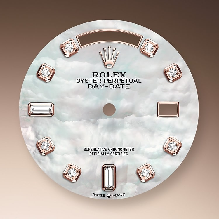 Rolex Day-Date | 128345RBR | Day-Date 36 | Gem-set dial | Mother-of-Pearl Dial | Diamond-Set Bezel | 18 ct Everose gold | m128345rbr-0028 | Women Watch | Rolex Official Retailer - Time Midas