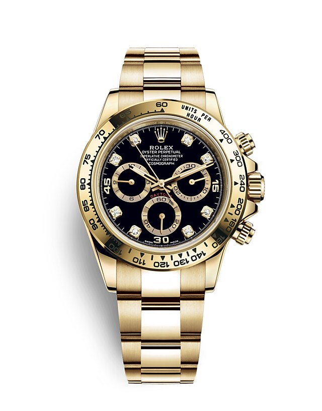 Rolex Cosmograph Daytona | 116508 | Cosmograph Daytona | หน้าปัดประดับอัญมณี | หน้าปัดสีดำ | มาตรวัดความเร็ว | ทองคำ 18 กะรัต | m116508-0016 | ชาย Watch | Rolex Official Retailer - Time Midas