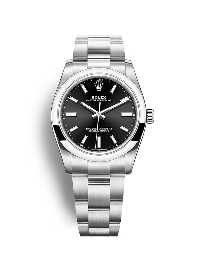 Rolex Oyster Perpetual | 124200 | Oyster Perpetual 34 | Dark dial | Bright black dial | Oystersteel | The Oyster bracelet | m124200-0002 | Women Watch | Rolex Official Retailer - Time Midas