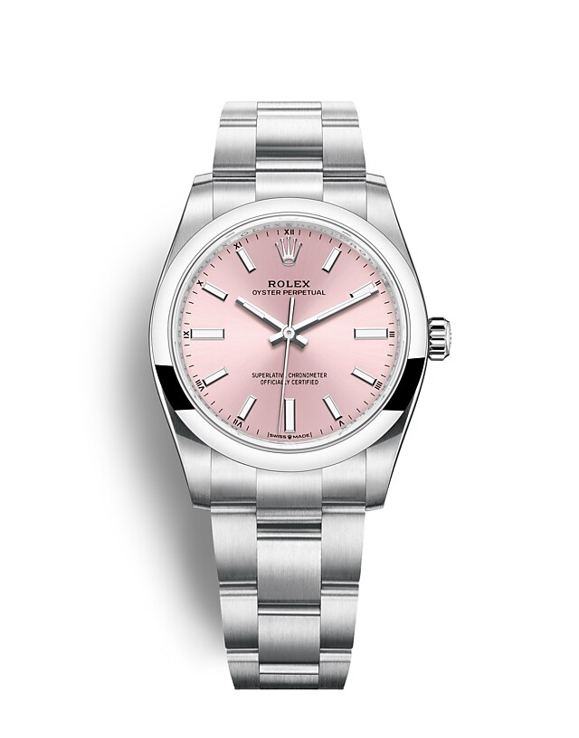 Rolex Oyster Perpetual | 124200 | Oyster Perpetual 34 | Coloured dial | Pink Dial | Oystersteel | The Oyster bracelet | m124200-0004 | Women Watch | Rolex Official Retailer - Time Midas