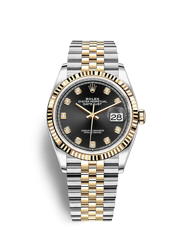Rolex Datejust | 126233 | Datejust 36 | Dark dial | Bright black dial | The Fluted Bezel | Yellow Rolesor | m126233-0021 | Men Watch | Rolex Official Retailer - Time Midas