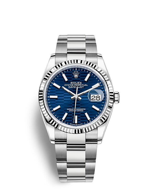 Rolex Datejust | 126234 | Datejust 36 | Coloured dial | Bright blue dial | The Fluted Bezel | White Rolesor | m126234-0050 | Men Watch | Rolex Official Retailer - Time Midas