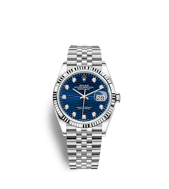 Rolex Datejust | 126234 | Datejust 36 | หน้าปัดประดับอัญมณี | หน้าปัดสีน้ำเงินสว่าง | ขอบหน้าปัดแบบเซาะร่อง | White Rolesor | m126234-0057 | ชาย Watch | Rolex Official Retailer - Time Midas