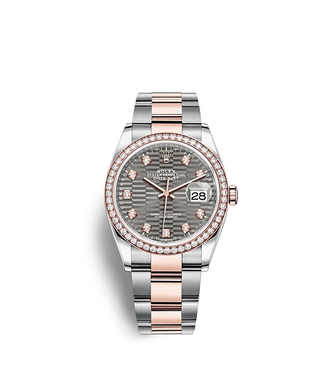 Rolex Datejust | 126281RBR | Datejust 36 | หน้าปัดประดับอัญมณี | หน้าปัดสีเทาอมน้ำเงิน | ขอบหน้าปัดประดับเพชร | Everose Rolesor | m126281rbr-0030 | ชาย Watch | Rolex Official Retailer - Time Midas