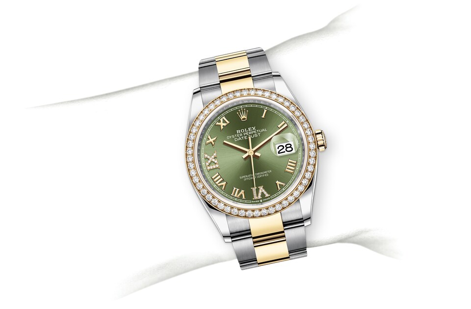 Rolex Datejust | 126283RBR | Datejust 36 | Coloured dial | Olive-Green Dial | Diamond-Set Bezel | Yellow Rolesor | m126283rbr-0012 | Men Watch | Rolex Official Retailer - Time Midas