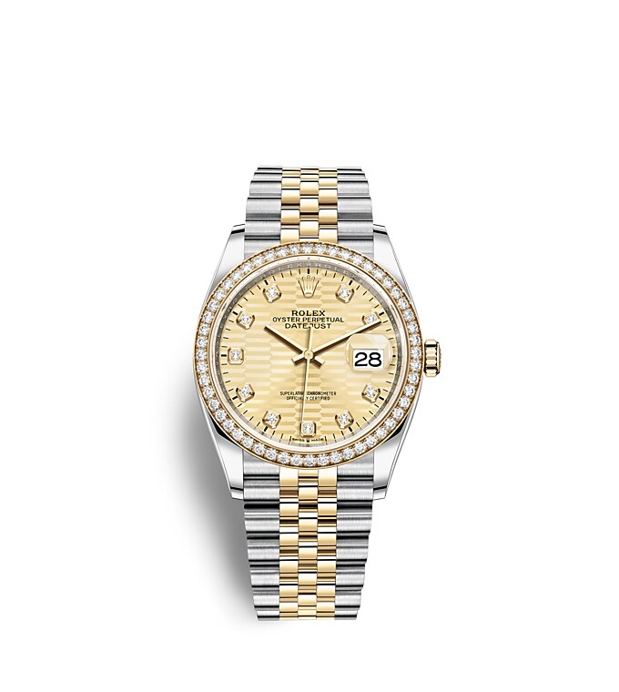 Rolex Datejust | 126283RBR | Datejust 36 | Coloured dial | Golden dial | Diamond-Set Bezel | Yellow Rolesor | m126283rbr-0031 | Men Watch | Rolex Official Retailer - Time Midas
