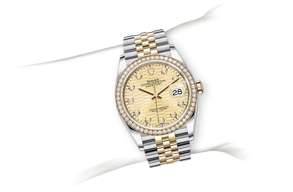 Rolex Datejust | 126283RBR | Datejust 36 | Coloured dial | Golden dial | Diamond-Set Bezel | Yellow Rolesor | m126283rbr-0031 | Men Watch | Rolex Official Retailer - Time Midas
