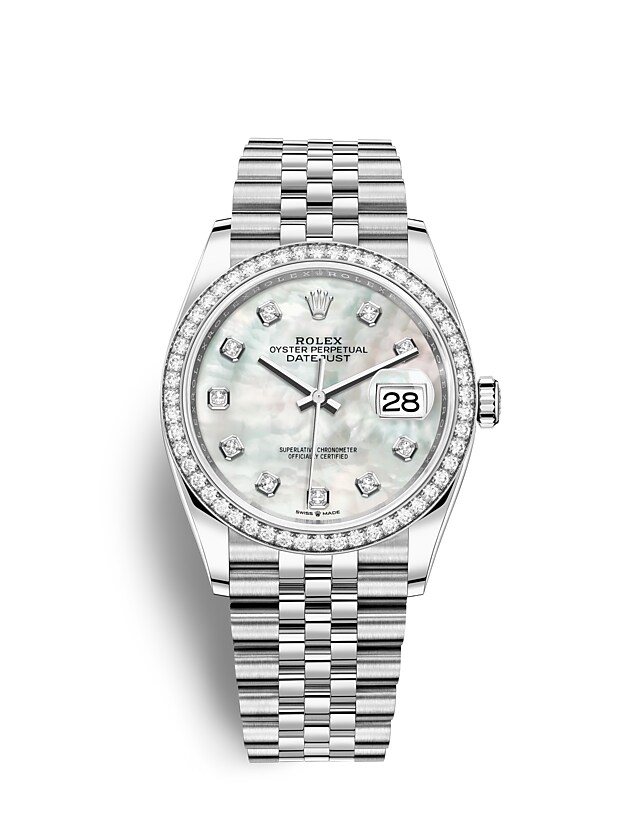 Rolex Datejust | 126284RBR | Datejust 36 | Gem-set dial | Mother-of-Pearl Dial | Diamond-Set Bezel | White Rolesor | m126284rbr-0011 | Women Watch | Rolex Official Retailer - Time Midas