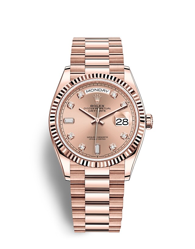 Rolex Day-Date | 128235 | Day-Date 36 | Coloured dial | Rosé-colour dial | The Fluted Bezel | 18 ct Everose gold | m128235-0009 | Men Watch | Rolex Official Retailer - Time Midas
