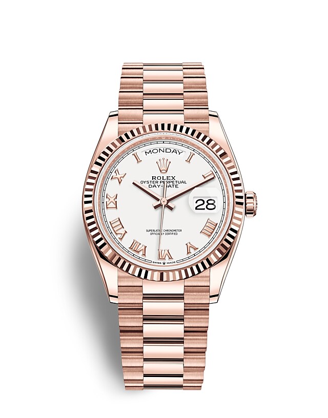 Rolex Day-Date | 128235 | Day-Date 36 | Light dial | The Fluted Bezel | White dial | 18 ct Everose gold | m128235-0052 | Men Watch | Rolex Official Retailer - Time Midas