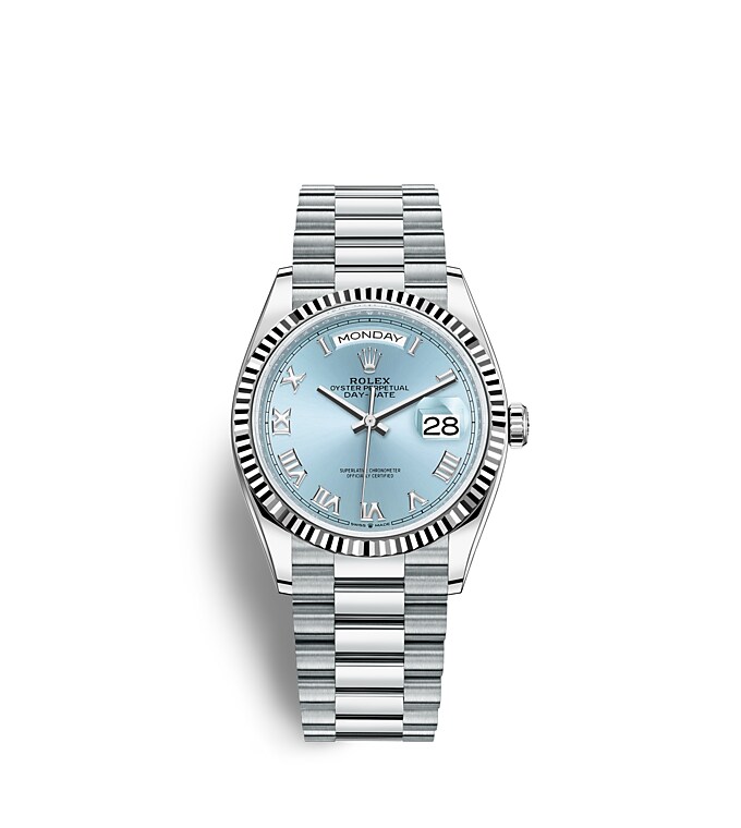 Rolex Day-Date | 128236 | Day-Date 36 | Coloured dial | Ice-Blue Dial | The Fluted Bezel | Platinum | m128236-0008 | Men Watch | Rolex Official Retailer - Time Midas
