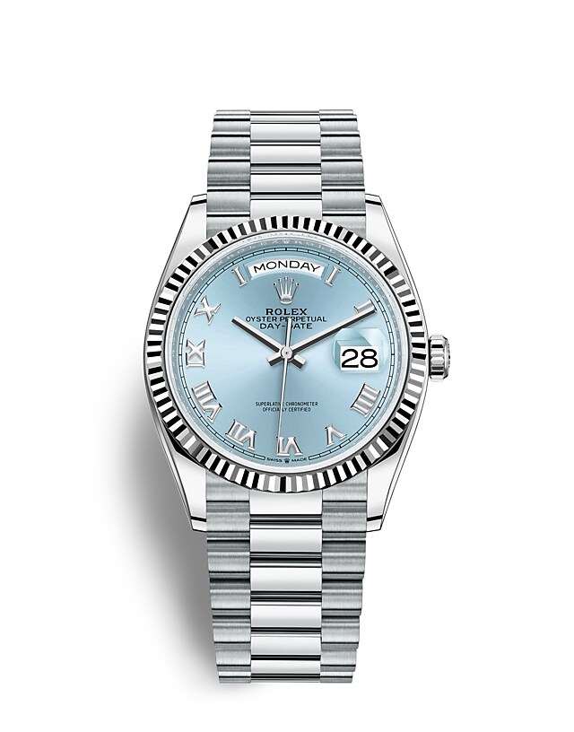 Rolex Day-Date | 128236 | Day-Date 36 | Coloured dial | Ice-Blue Dial | The Fluted Bezel | Platinum | m128236-0008 | Men Watch | Rolex Official Retailer - Time Midas