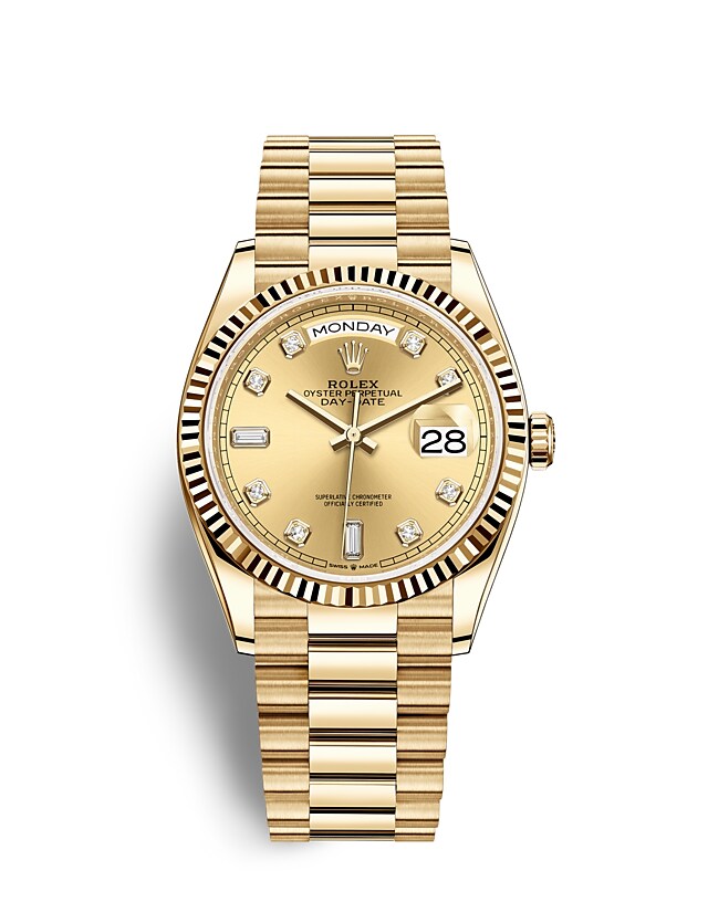 Rolex Day-Date | 128238 | Day-Date 36 | Coloured dial | Champagne-colour dial | The Fluted Bezel | 18 ct yellow gold | m128238-0008 | Men Watch | Rolex Official Retailer - Time Midas