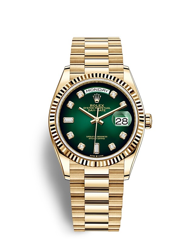 Rolex Day-Date | 128238 | Day-Date 36 | หน้าปัดประดับอัญมณี | หน้าปัดสีเขียวออมเบร | ขอบหน้าปัดแบบเซาะร่อง | ทองคำ 18 กะรัต | m128238-0069 | ชาย Watch | Rolex Official Retailer - Time Midas