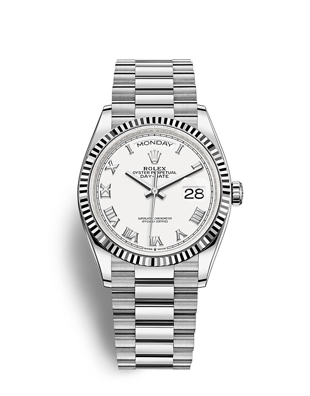Rolex Day-Date | 128239 | Day-Date 36 | Light dial | The Fluted Bezel | White dial | 18 ct white gold | m128239-0038 | Men Watch | Rolex Official Retailer - Time Midas