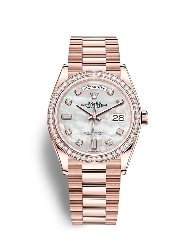 Rolex Day-Date | 128345RBR | Day-Date 36 | หน้าปัดประดับอัญมณี | หน้าปัดไข่มุก | ขอบหน้าปัดประดับเพชร | เอเวอร์โรสโกลด์ 18 กะรัต | m128345rbr-0028 | หญิง Watch | Rolex Official Retailer - Time Midas