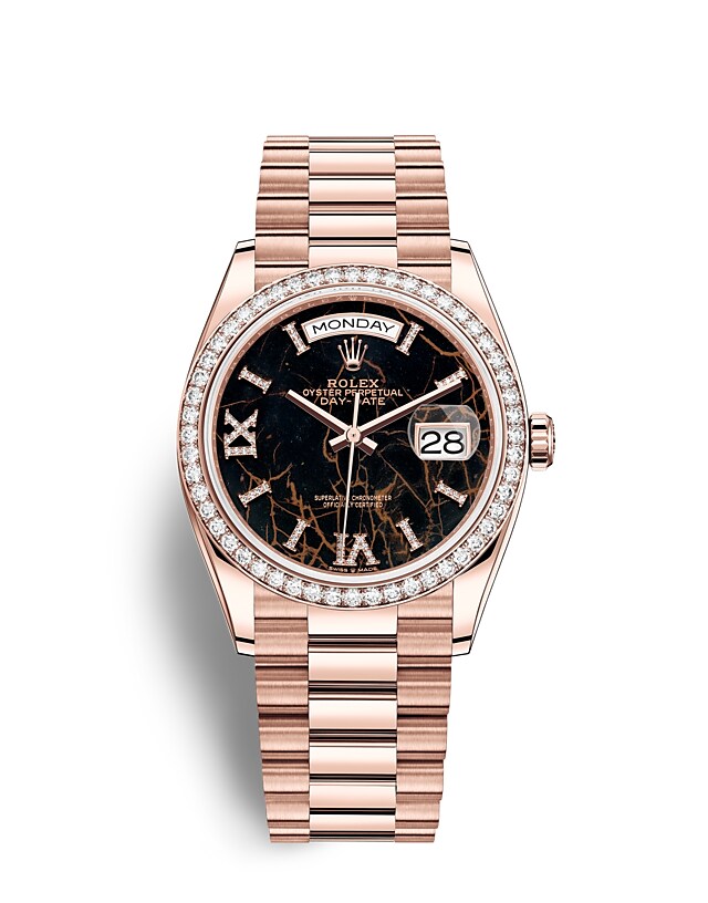 Rolex Day-Date | 128345RBR | Day-Date 36 | หน้าปัดประดับอัญมณี | หน้าปัด Eisenkiesel | ขอบหน้าปัดประดับเพชร | เอเวอร์โรสโกลด์ 18 กะรัต | m128345rbr-0044 | หญิง Watch | Rolex Official Retailer - Time Midas