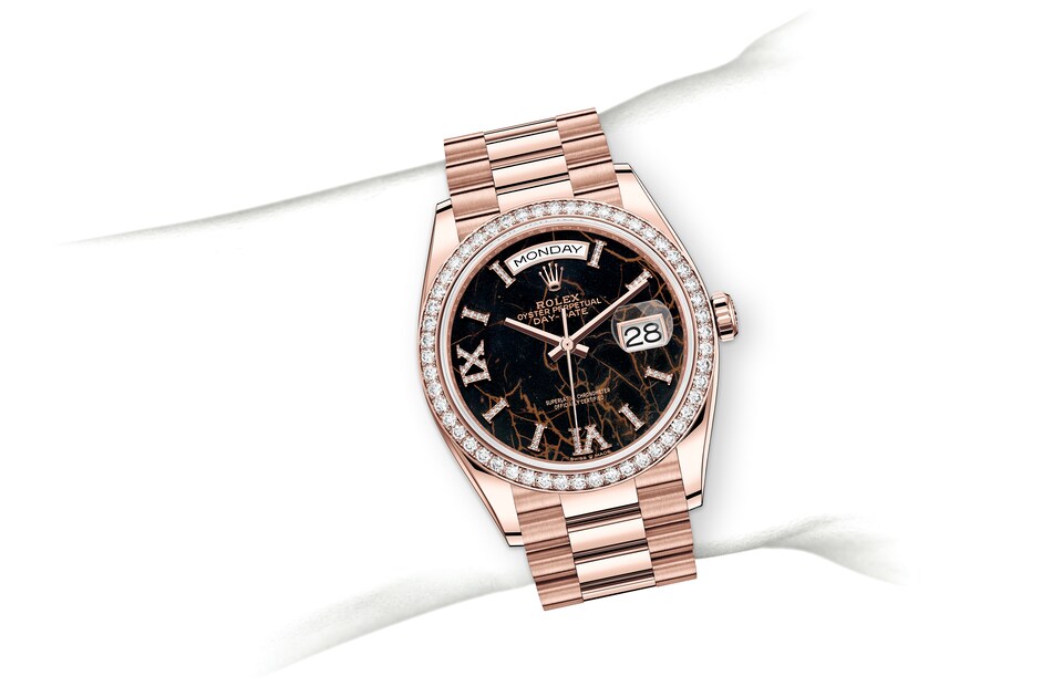 Rolex Day-Date | 128345RBR | Day-Date 36 | Dark dial | Eisenkiesel dial | Diamond-Set Bezel | 18 ct Everose gold | m128345rbr-0044 | Women Watch | Rolex Official Retailer - Time Midas