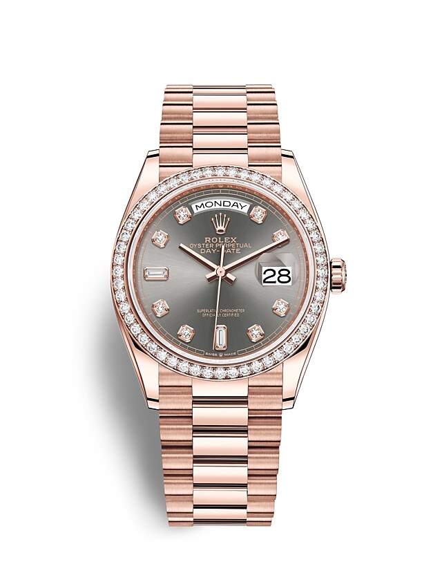 Rolex Day-Date | 128345RBR | Day-Date 36 | หน้าปัดประดับอัญมณี | หน้าปัดสีเทาอมน้ำเงิน | ขอบหน้าปัดประดับเพชร | เอเวอร์โรสโกลด์ 18 กะรัต | m128345rbr-0052 | หญิง Watch | Rolex Official Retailer - Time Midas